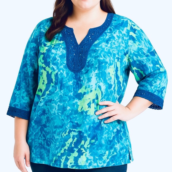 Jones New York Signature Plus 3X Blue Green Crochet Trim Cotton Tunic Top - Picture 4 of 13